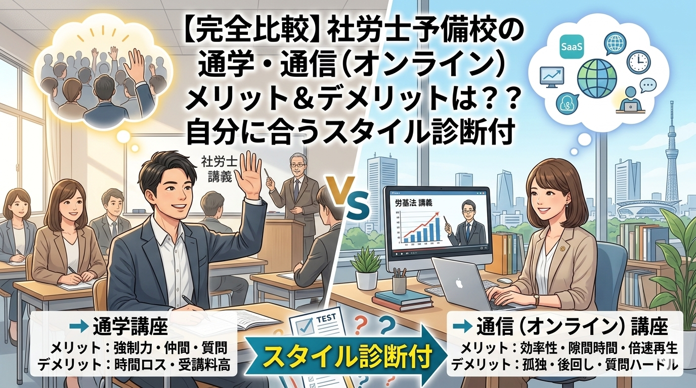 【完全比較】社労士予備校の通学・オンラインどっちが正解！？失敗しない選び方＋5分診断付き